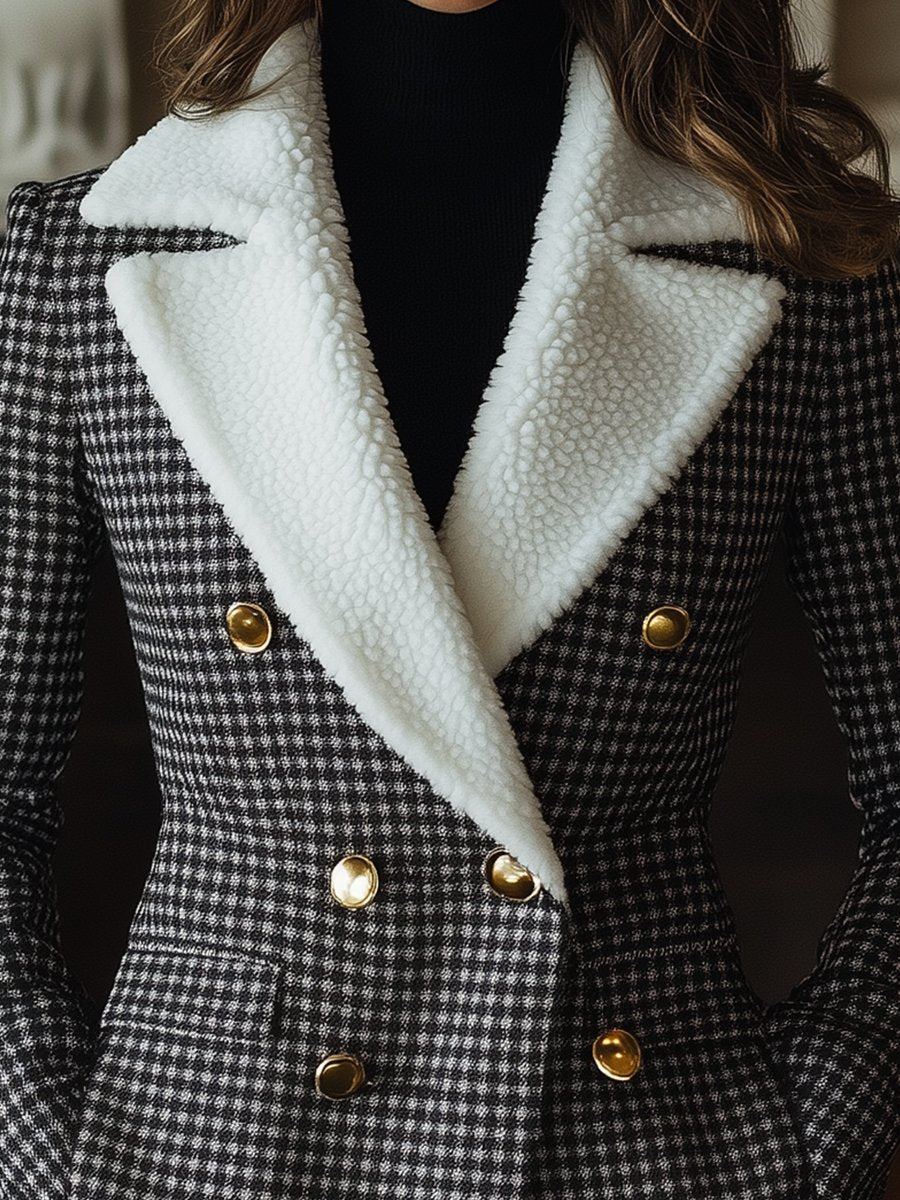 Houndstooth Shearling Collar Blazer