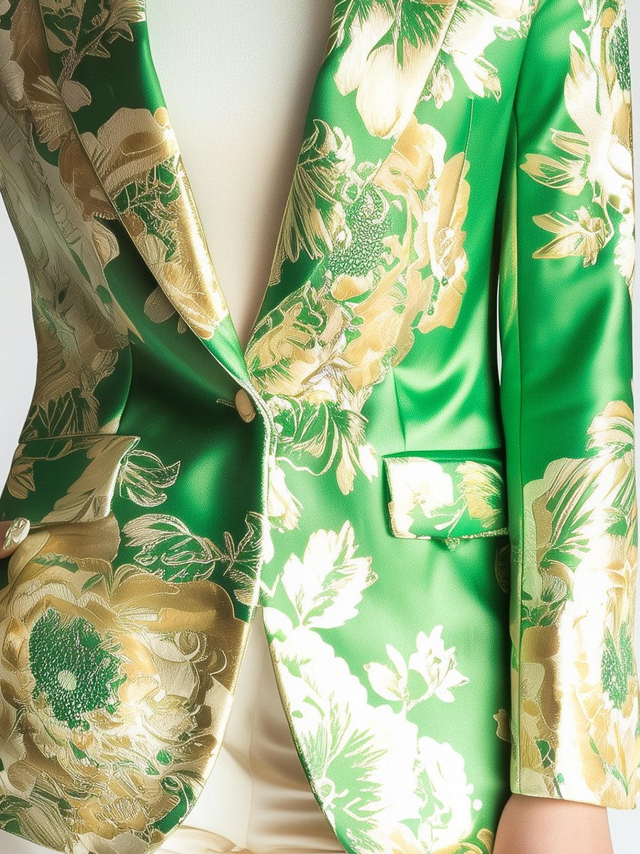 Elegant Green Satin Blazer with Golden Botanical Patterns