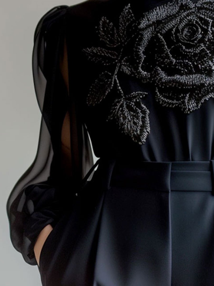 Sophisticated Sheer Sleeve Blouse with Floral Embellishment