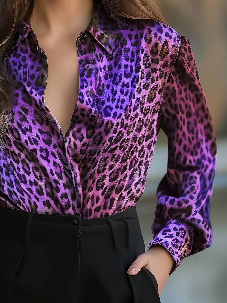 Vibrant Purple Leopard Print Satin Blouse