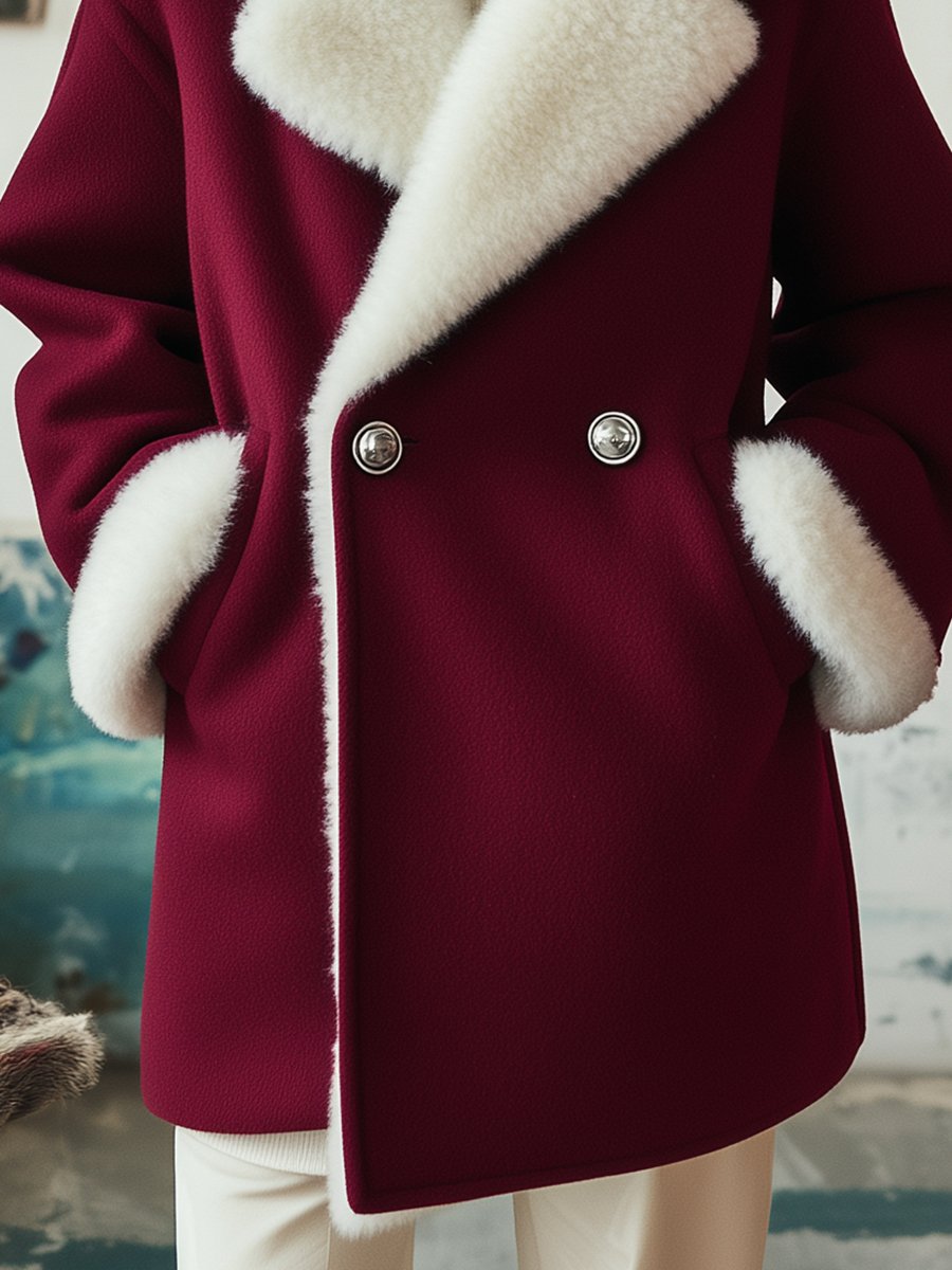 Burgundy Double-Breasted Sherpa Women's Coat