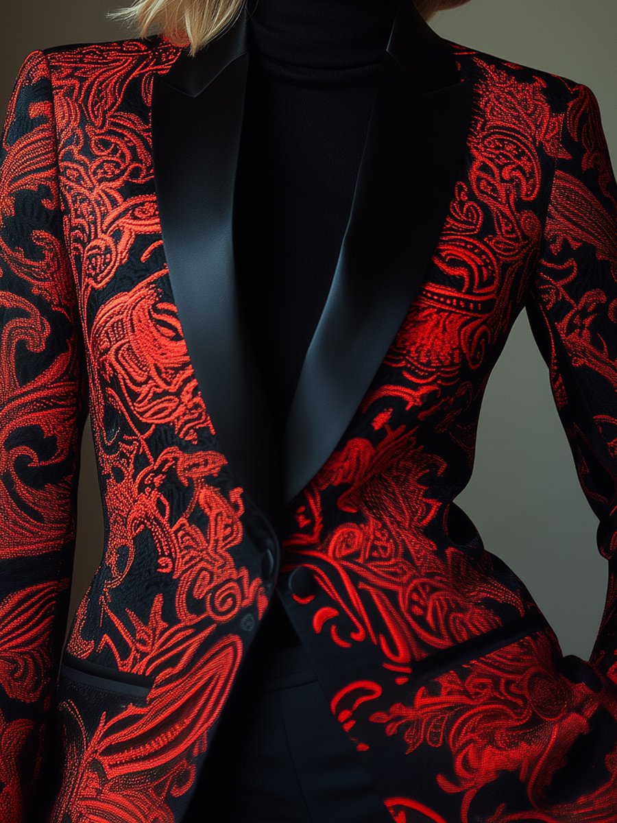 Chic Black and Red Satin Jacquard Blazer with Scrollwork Details