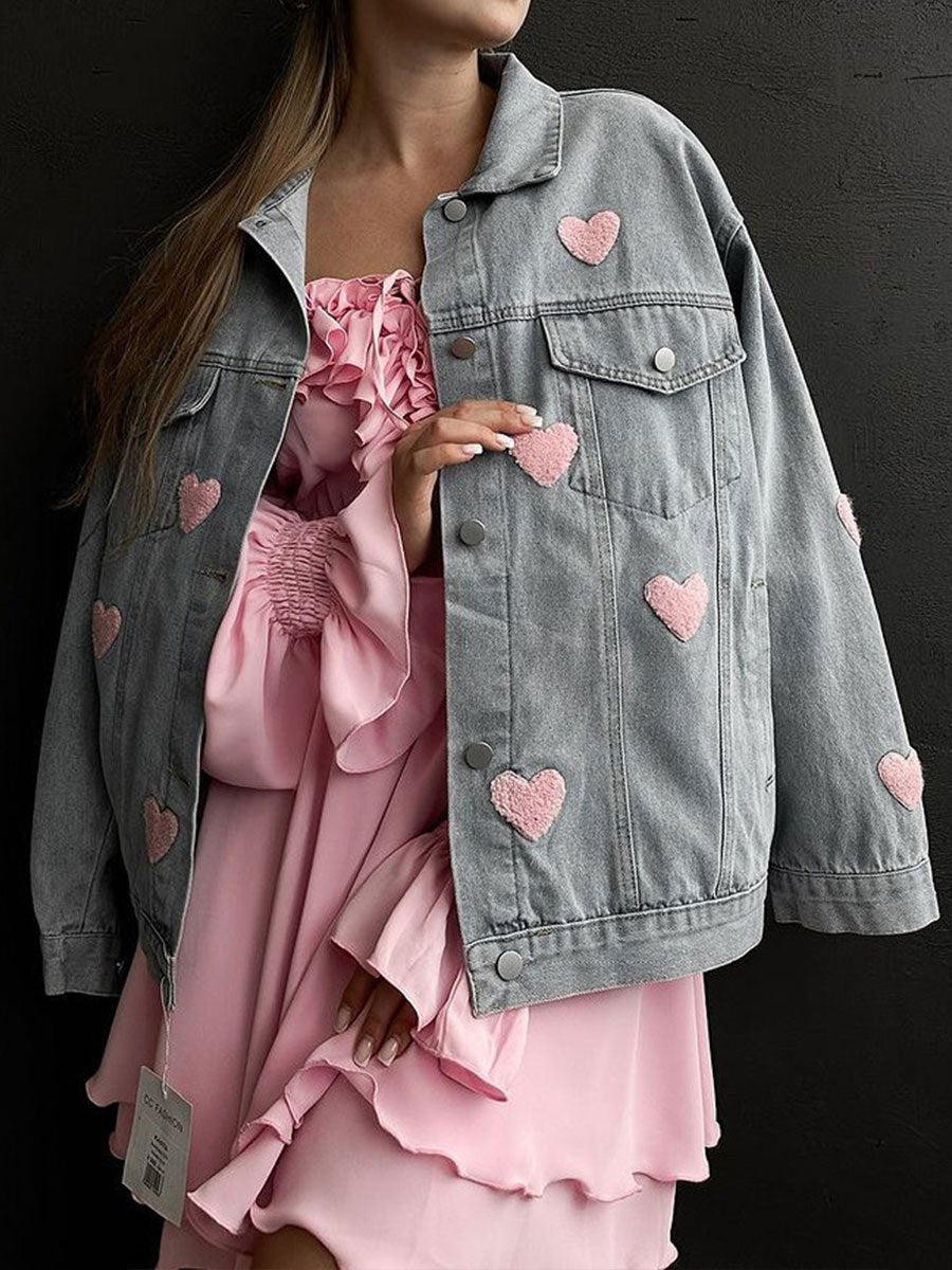 Light Denim Jacket with Heart Appliqué for Casual Look
