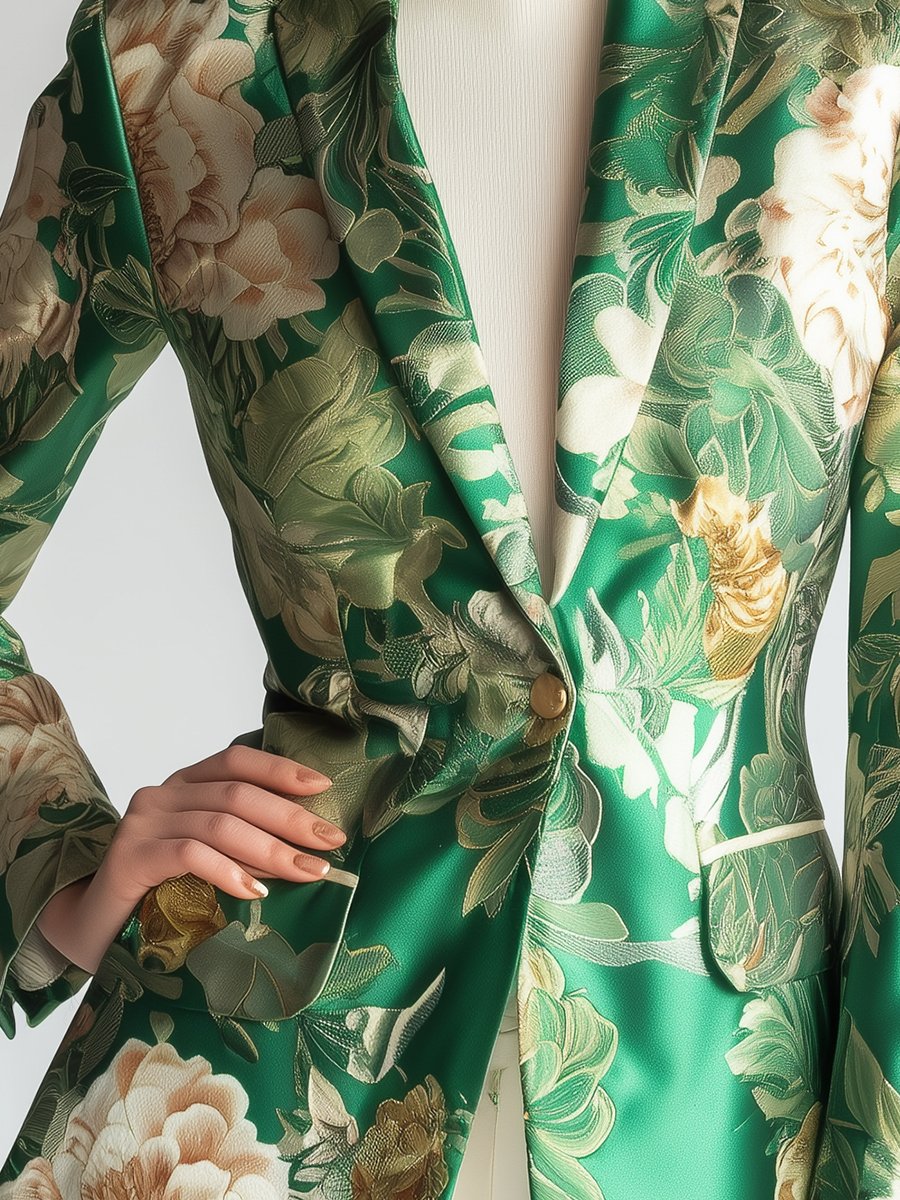 Luxurious Green Satin Blazer with Peony Floral Printed