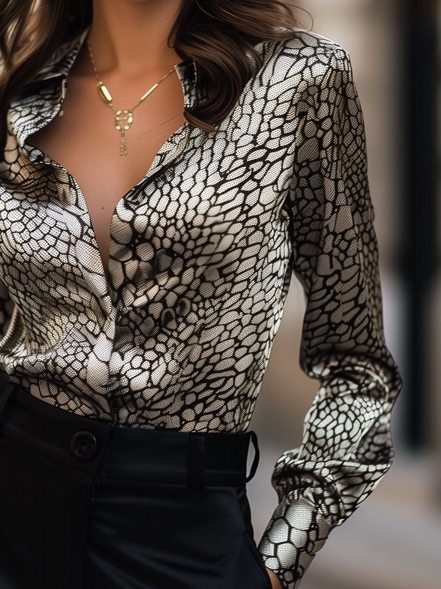Modern Satin Printed Blouse with Classic Snake Pattern Elegance