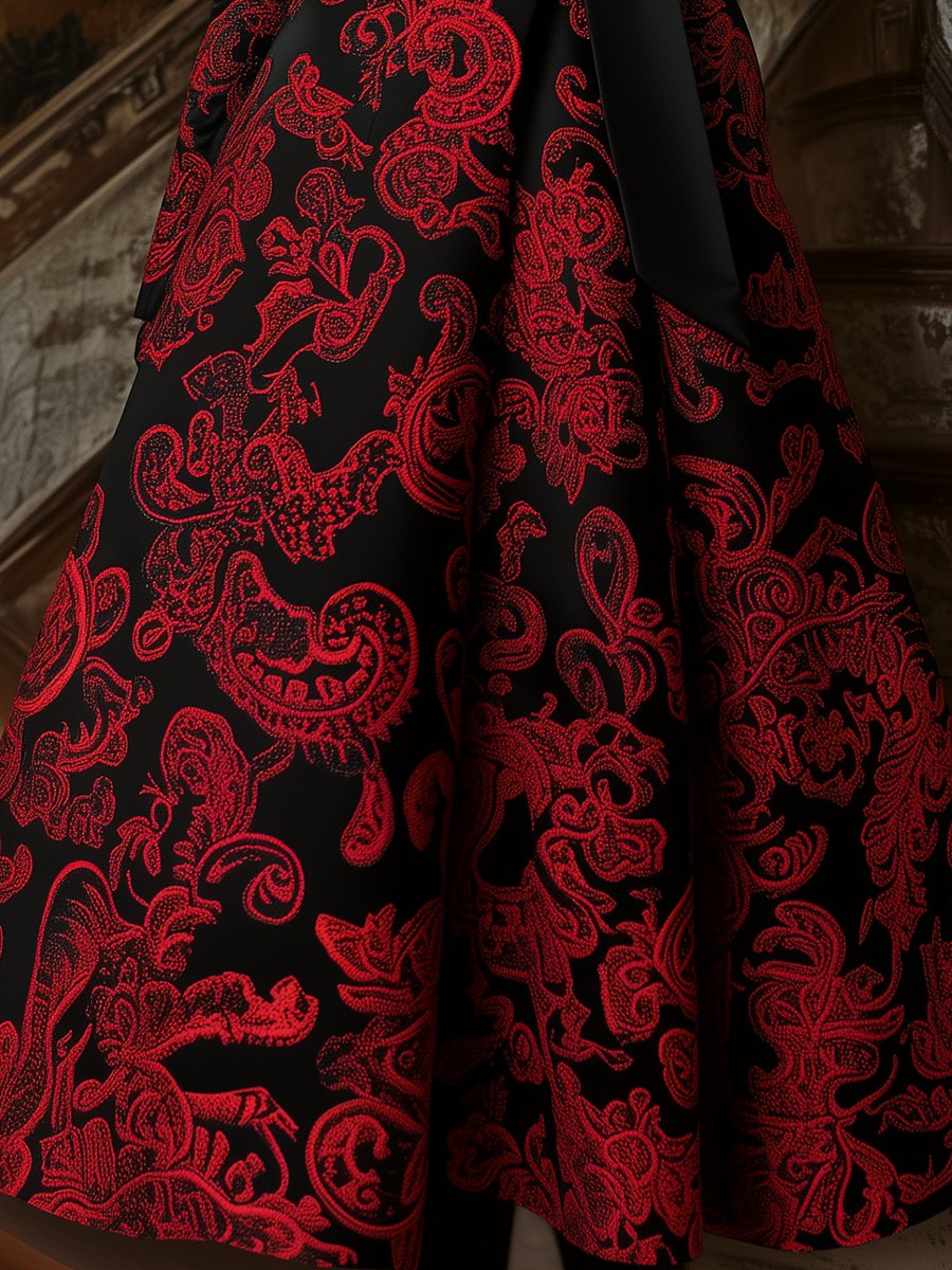 Elegant Black Satin Jacquard Dress with Red Paisley Motifs
