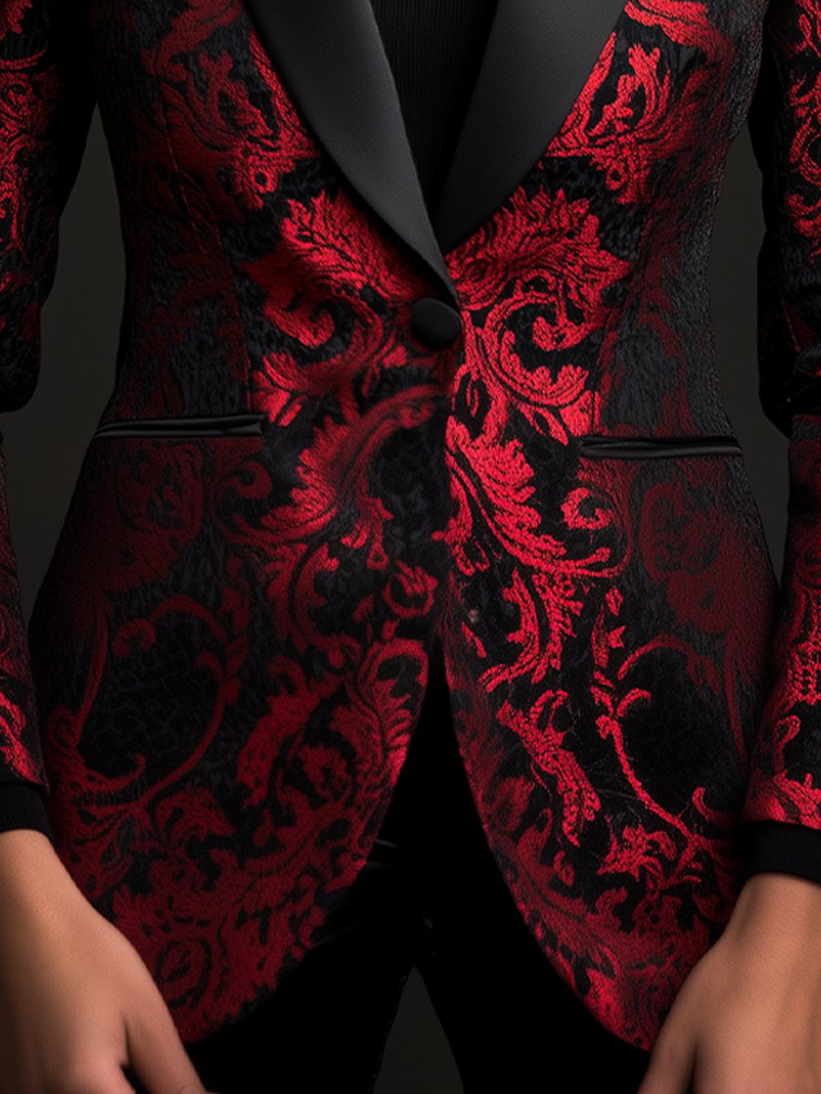Statement Black and Red Satin Jacquard Blazer with Ornate Patterns
