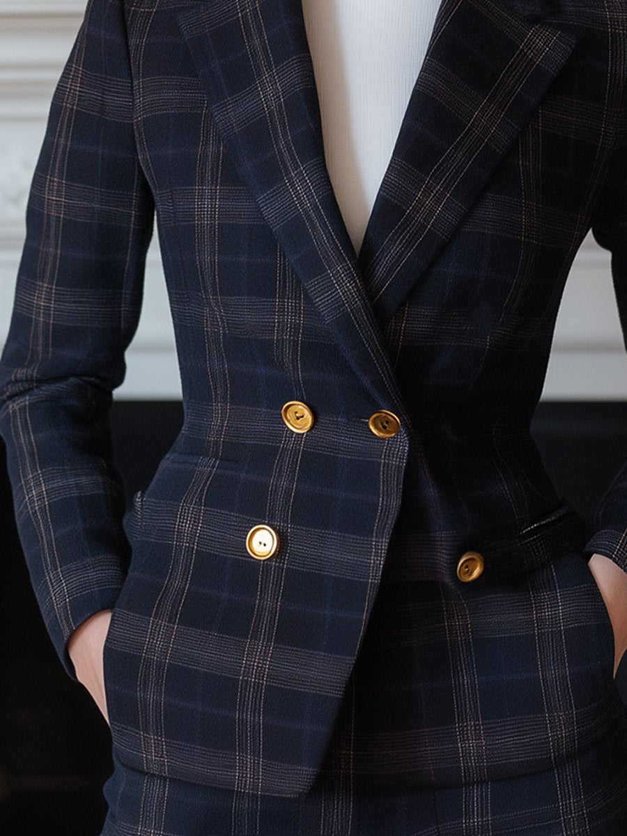Navy Plaid Double-Breasted Blazer with Gold Buttons