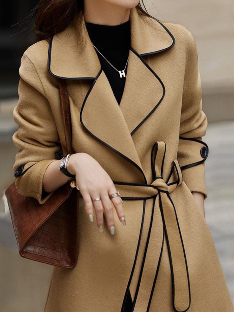 Chic Contrast-Trim Coat with Belt