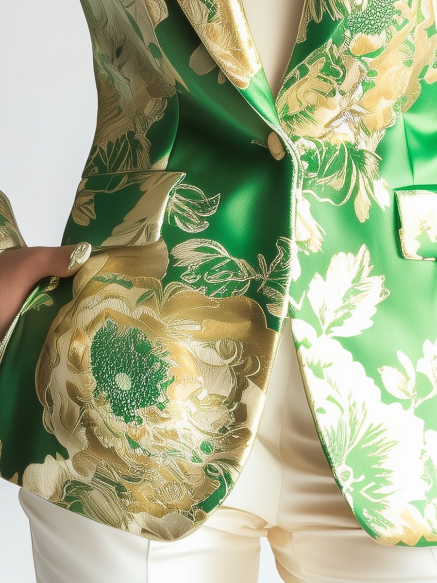 Elegant Green Satin Blazer with Golden Botanical Patterns