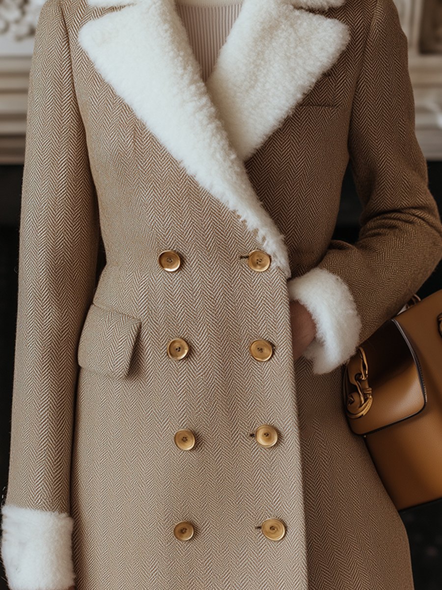 Timeless Herringbone Coat with Shearling Accents