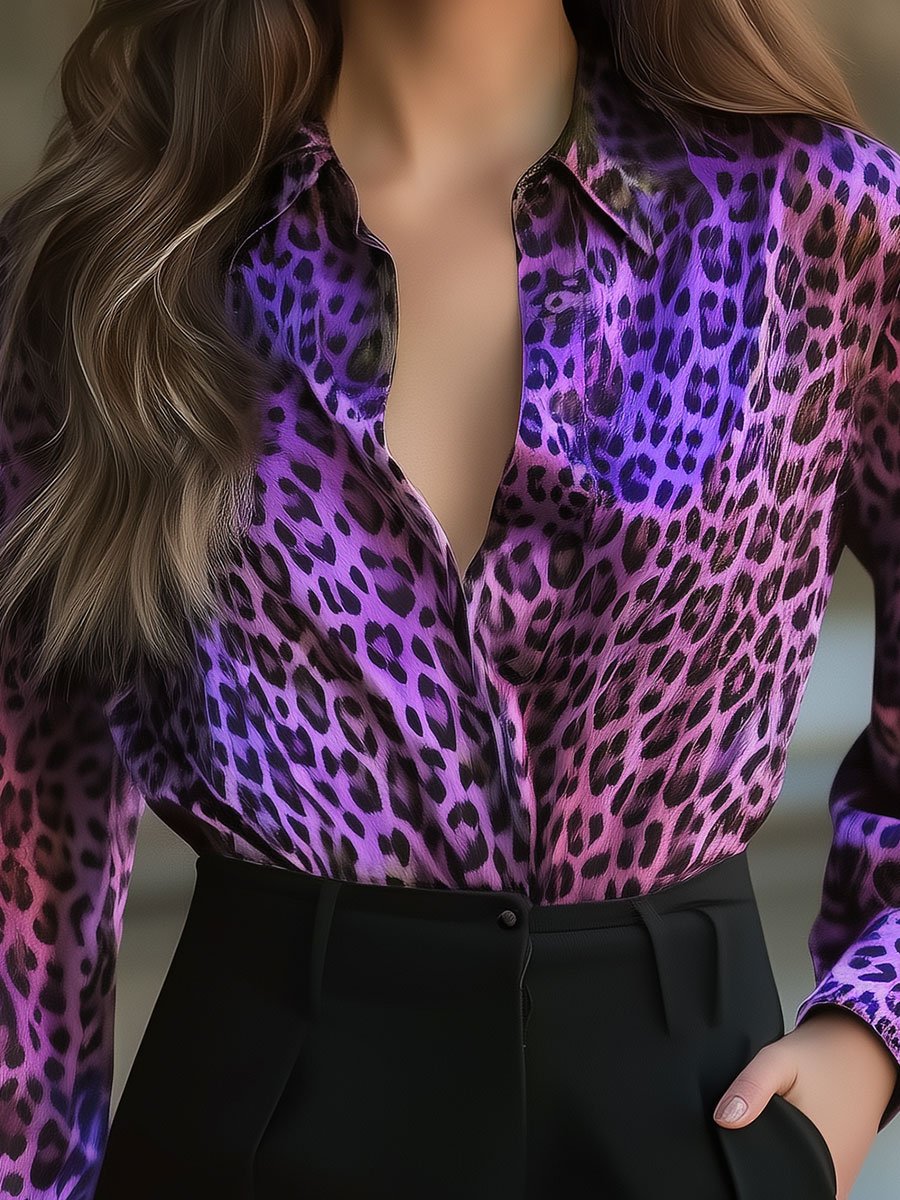 Vibrant Purple Leopard Print Satin Blouse