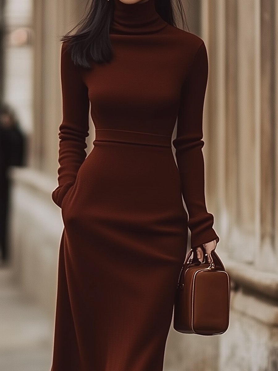 Classic Chocolate Brown Turtleneck Dress