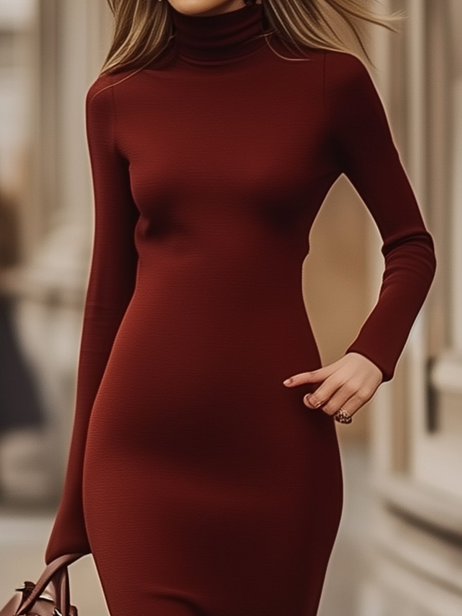 Elegant Rust Red Turtleneck Dress in Stretch Cotton Fabric